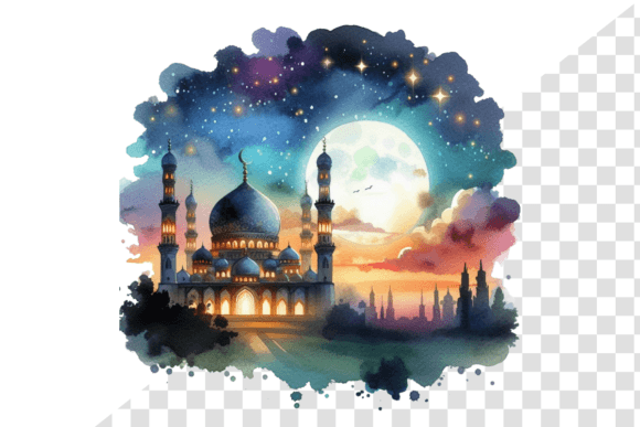 Download Eid Night Sky Mosque Serene Watercolor - Eid Collection