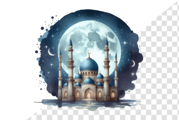 Download Eid Night Sky Mosque Serene Watercolor - Eid Collection